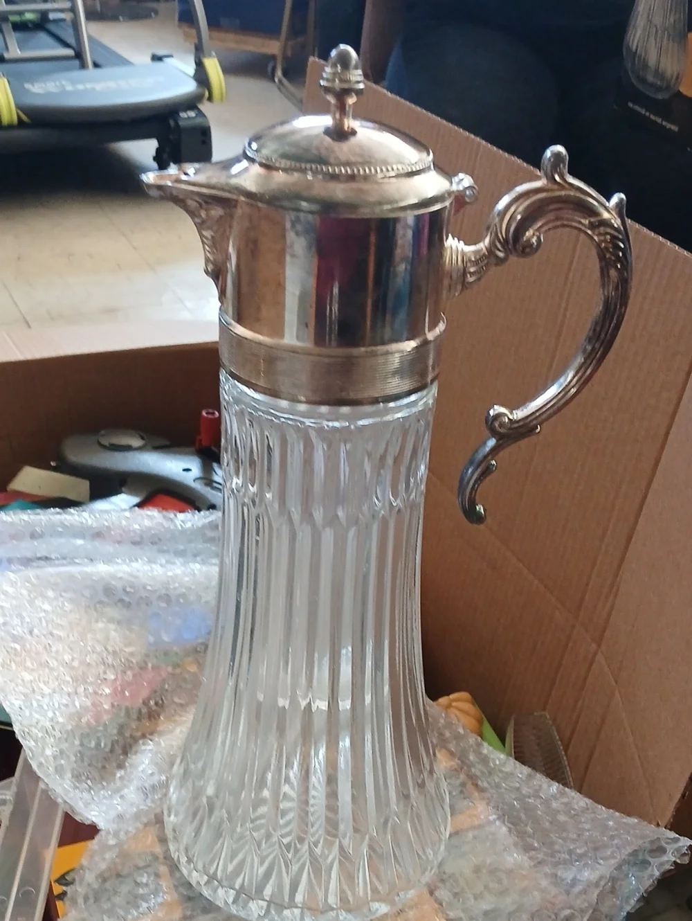 Silver-Top Glass Pitcher with Ornate Handle - Home Kitchen